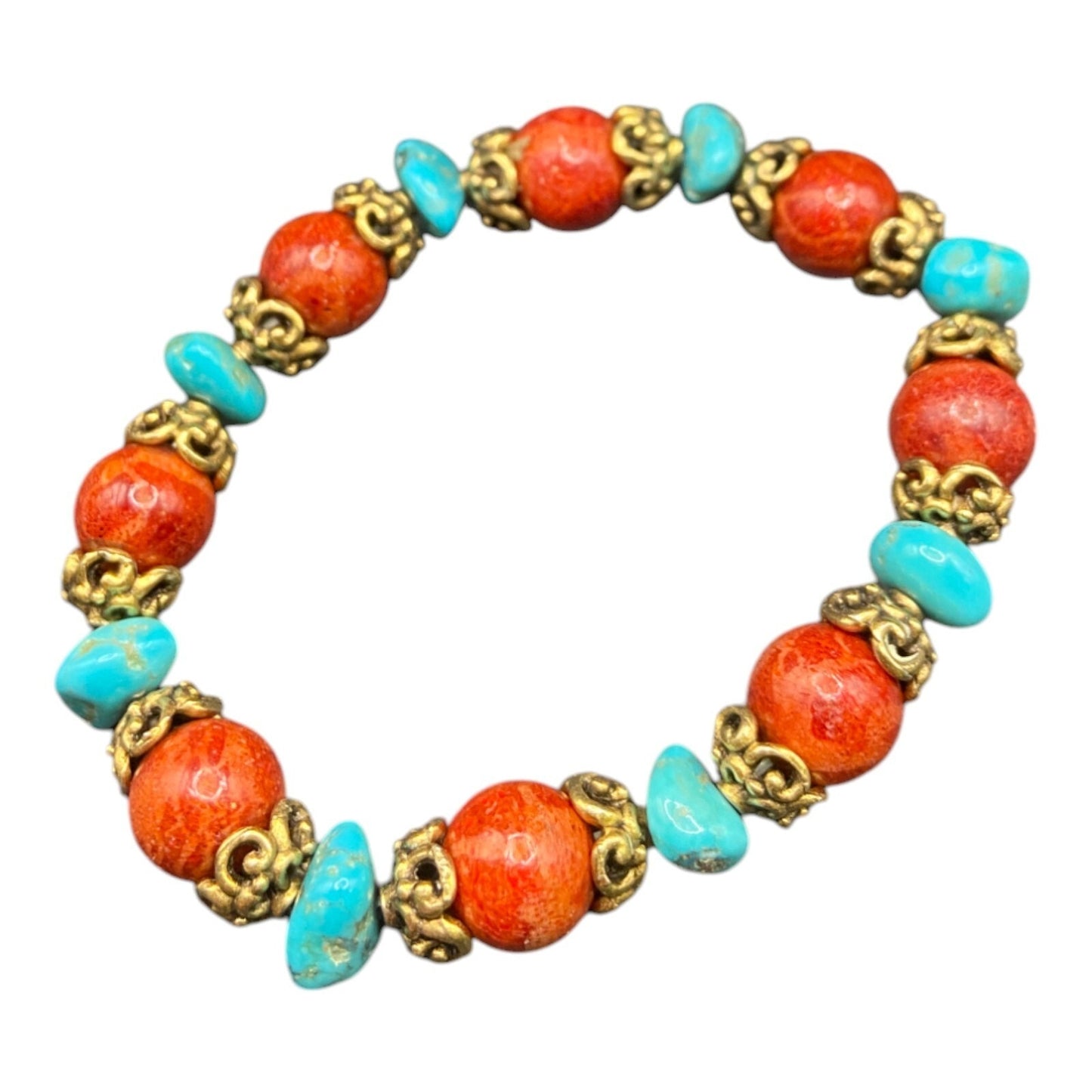 3 Pc Set Sponge Coral Turquoise Beaded Necklace Bracelets Gold Tone Metal