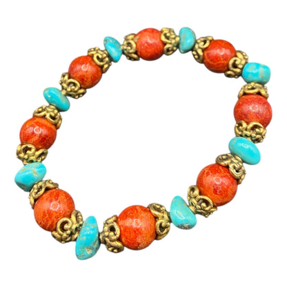 3 Pc Set Sponge Coral Turquoise Beaded Necklace Bracelets Gold Tone Metal