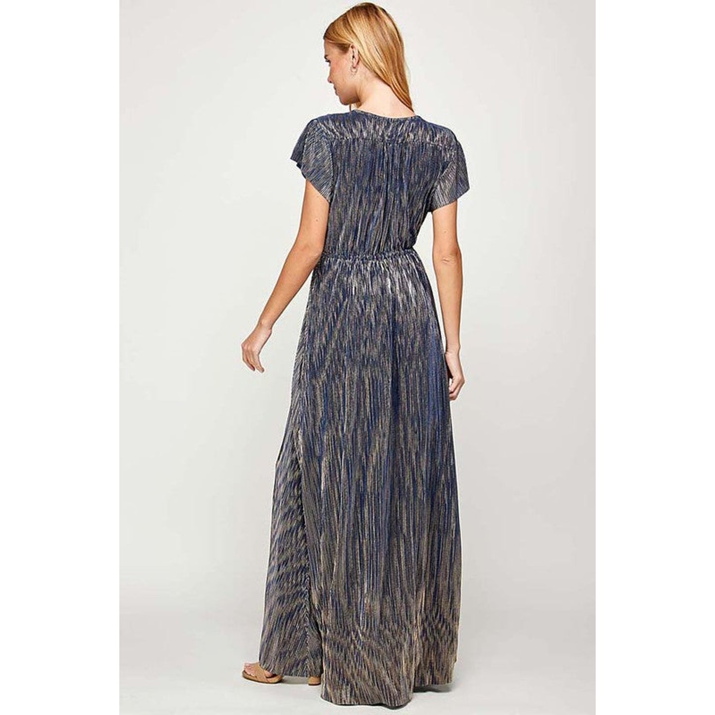 Ladies Large Holiday Maxi Dress Navy Blue Gold Shimmer V-Neck 62 inch