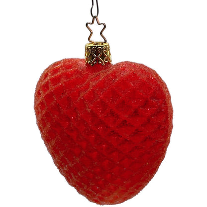 Inge Glass Ornament Red Glittered Waffle Heart Valentines Christmas Tree Decor