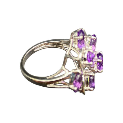 925 Sterling Silver Ring Prong Set Purple Amethyst Gemstone Cluster Size 8