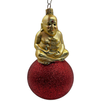 Patricia Breen Ornament Buddha on Ball Gold Red Glittered Ball Christmas Tree