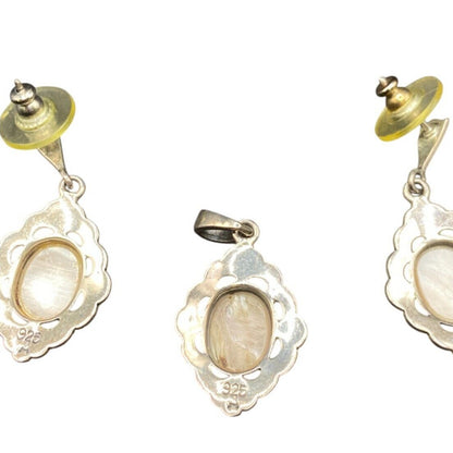 Mother Of Pearl Oval Pendant Earrings Set Marcasite Crystal 925 Sterling Silver