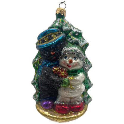 Larry Fraga Chillin White Black Snowman Glitter Glass Christmas Tree Ornament