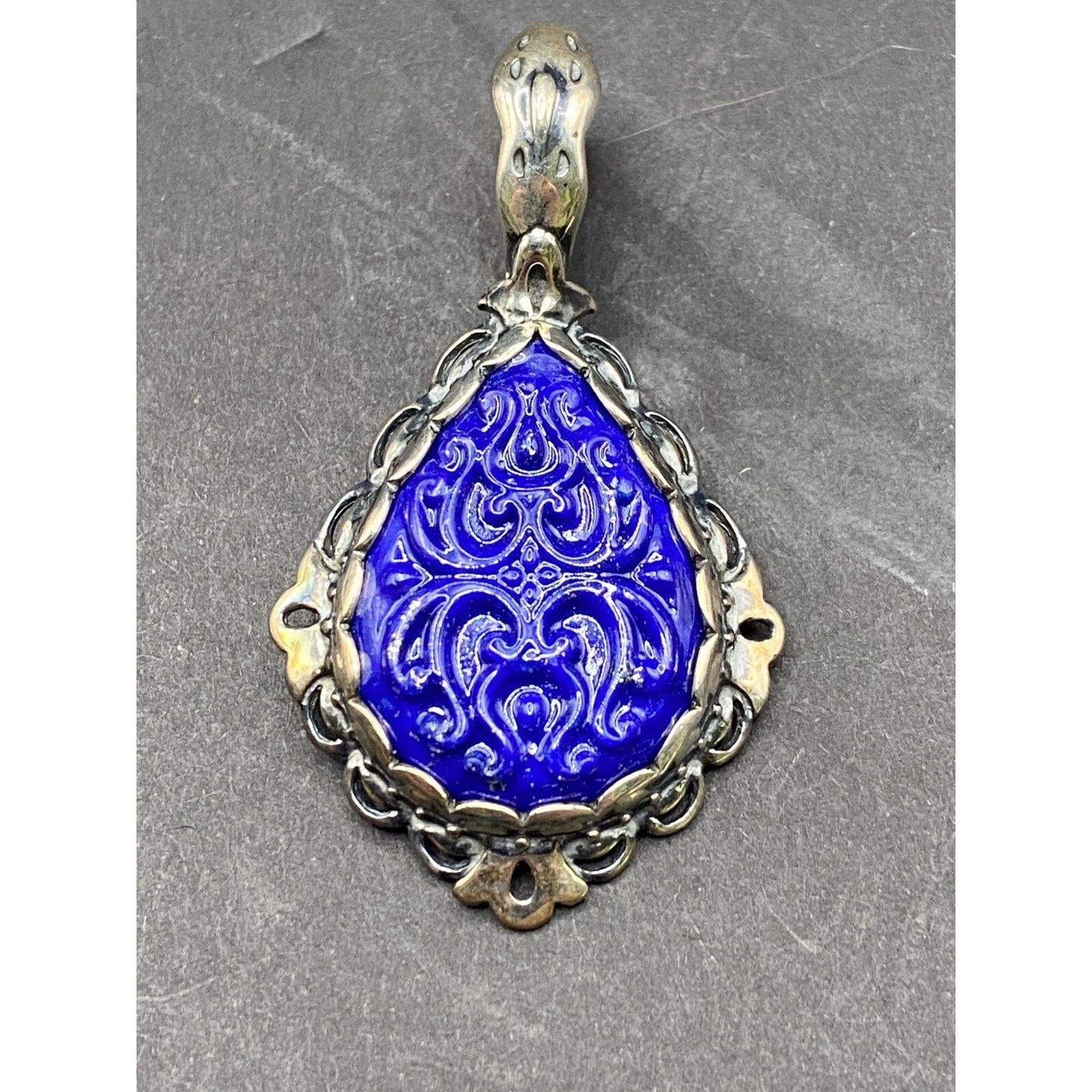 Carolyn Pollack Carved Lapis Lazuli Pear Shaped Pendant 925 Sterling Silver