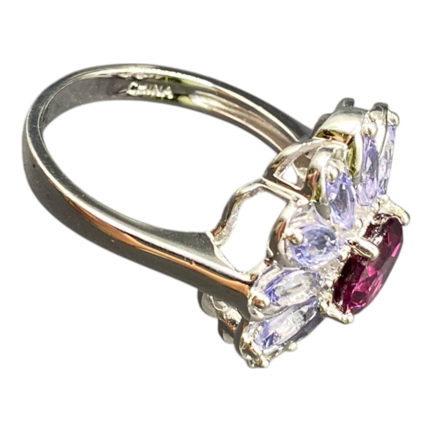 925 Sterling Silver Prong Set Blue Purple Gemstone Flower Cocktail Ring Size 8