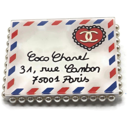 Chanel 19C Rue Cambon Paris Letter Brooch Pin AB0919 CC Logo Pearl Airmail Blue