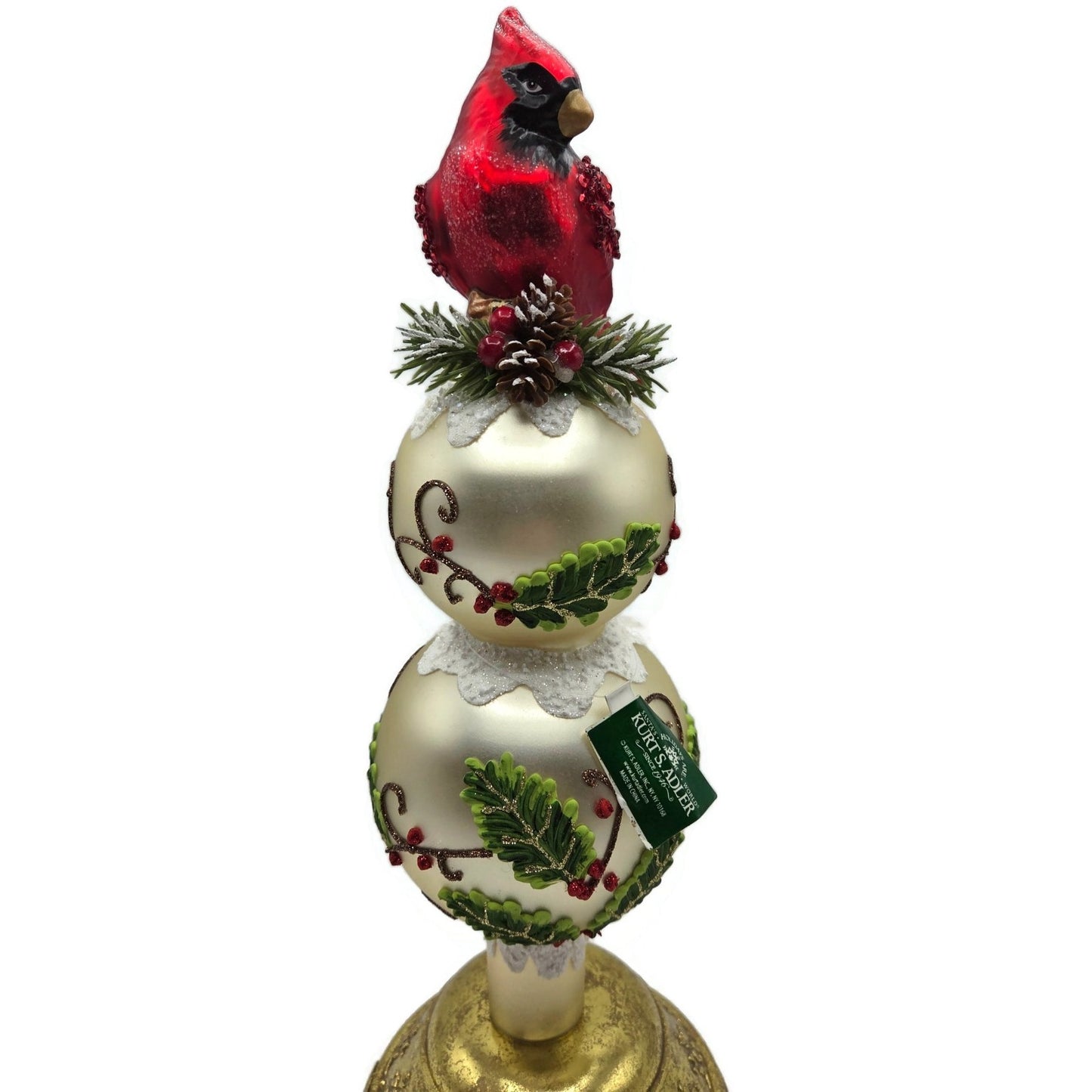 Kurt Adler Holiday And Cardinal Red Bird Glass Christmas Tree Topper 13 Inch