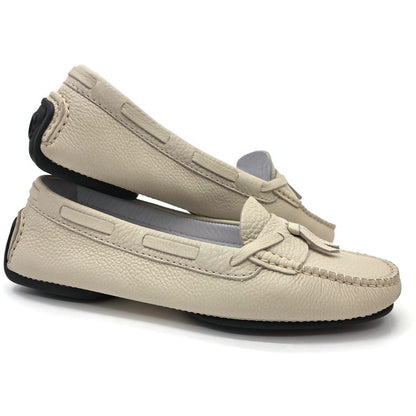 Chanel Womens Moccasin Loafers Ecru Beige Pebbled Leather Tassel Flats Size 40