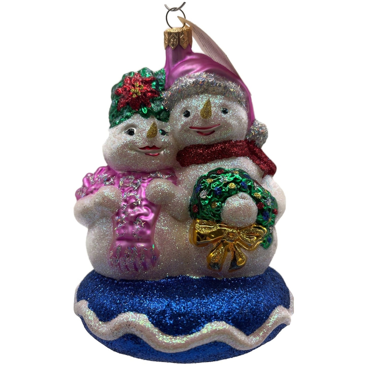 Larry Fraga Glitter Series Snowman Couple Wreath Pink Hat Blue Base Ornament