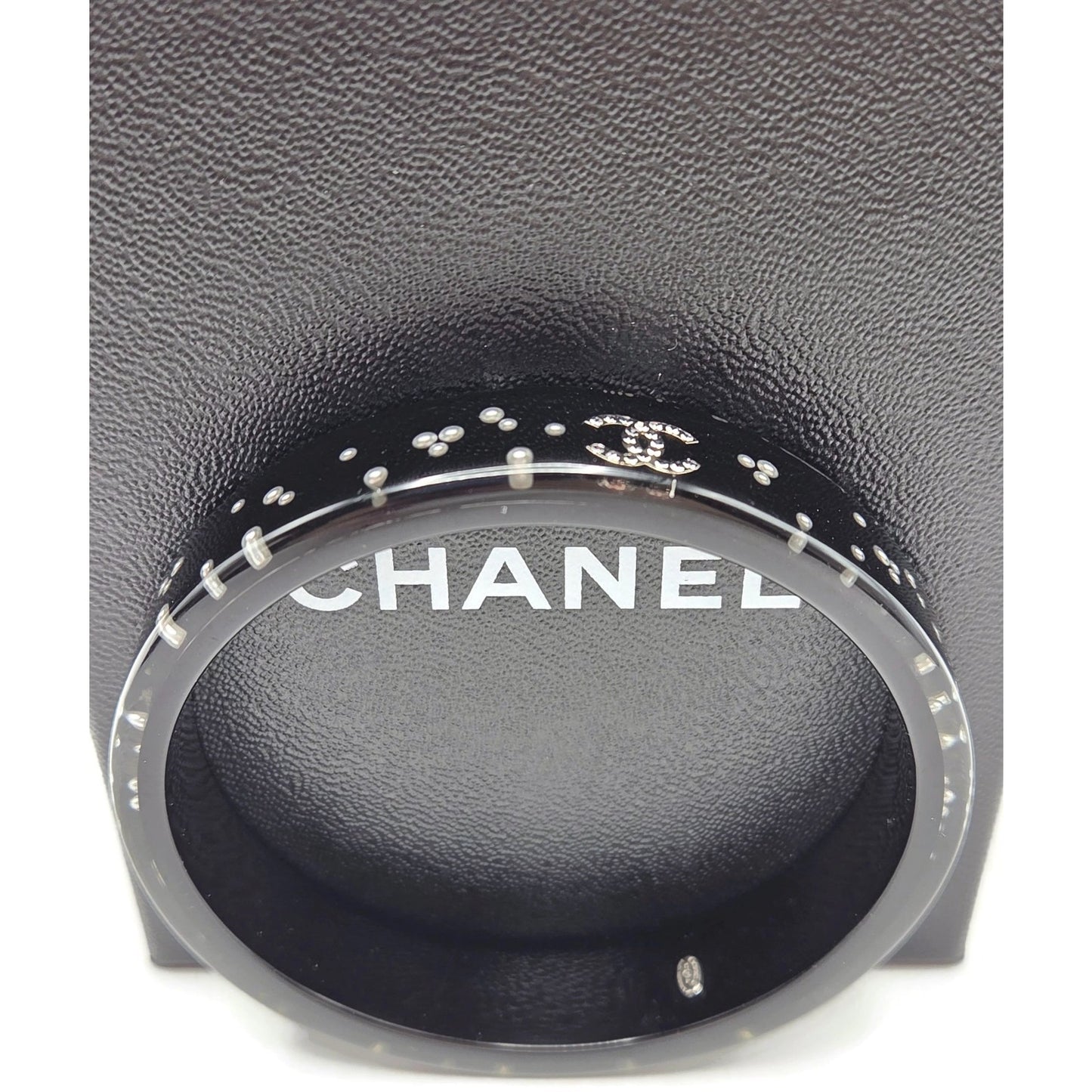 Chanel Black Resin Faux Pearl Crystal CC Logo Details Bangle Bracelet Jewelry