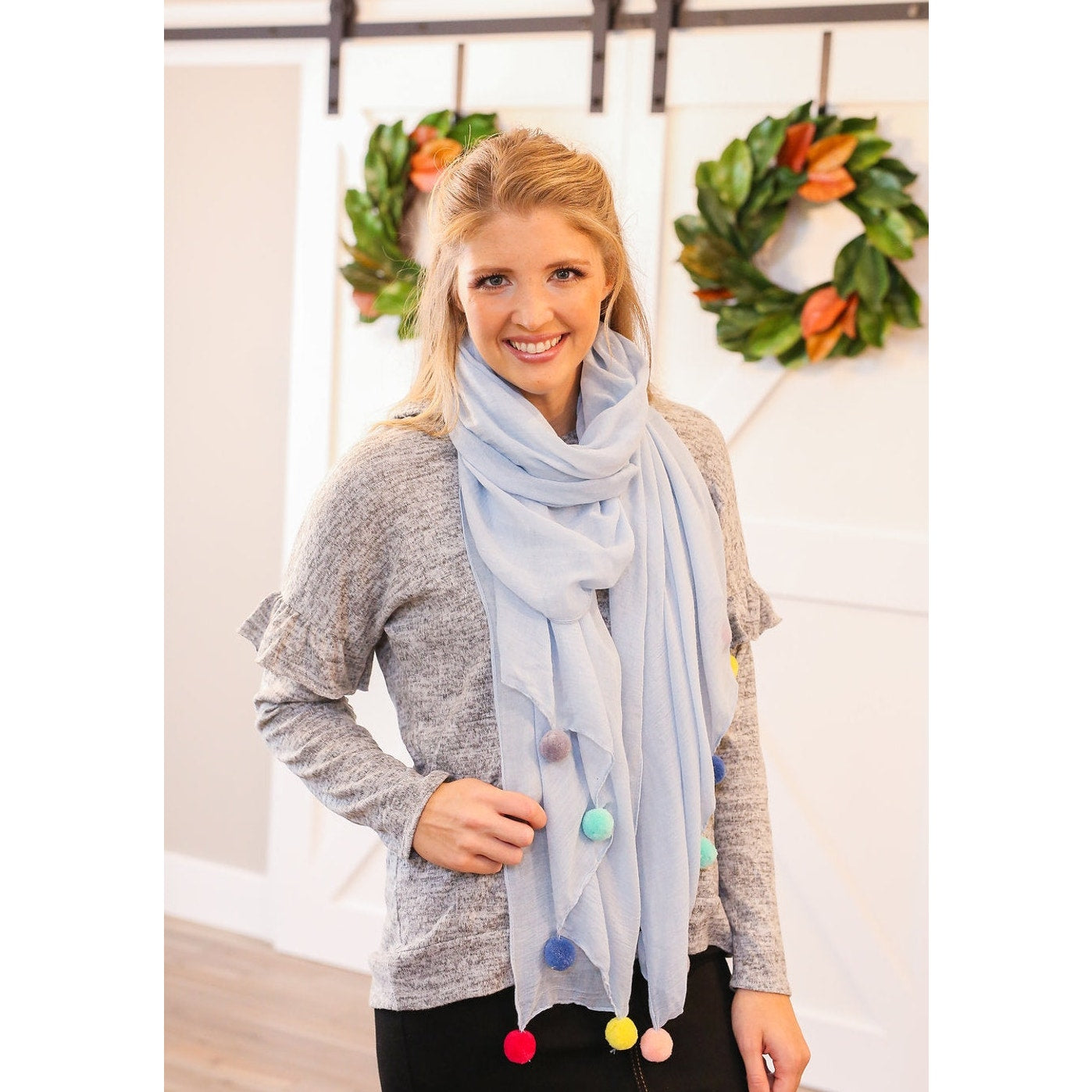 Blue Pom Pom Scarf Lightweight Gauze Multicolor Trim Viscose Polyester