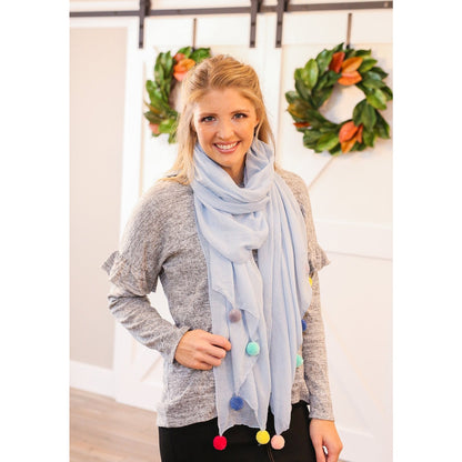 Blue Pom Pom Scarf Lightweight Gauze Multicolor Trim Viscose Polyester