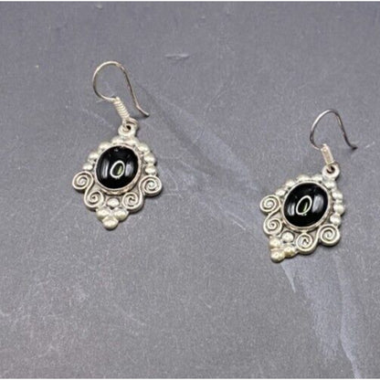 Black Onyx Oval Gemstone Hook Earrings 925 Sterling Silver Filigree MWS Mexico