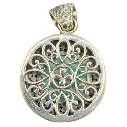 Amazonite Crystal Stone Pendant Round Cabochon Shaped Silver Tone Metal Filigree