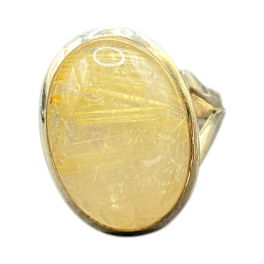 Golden Rutilated Quartz Crystal Ring Oval Cabochon 925 Sterling Silver Size 4