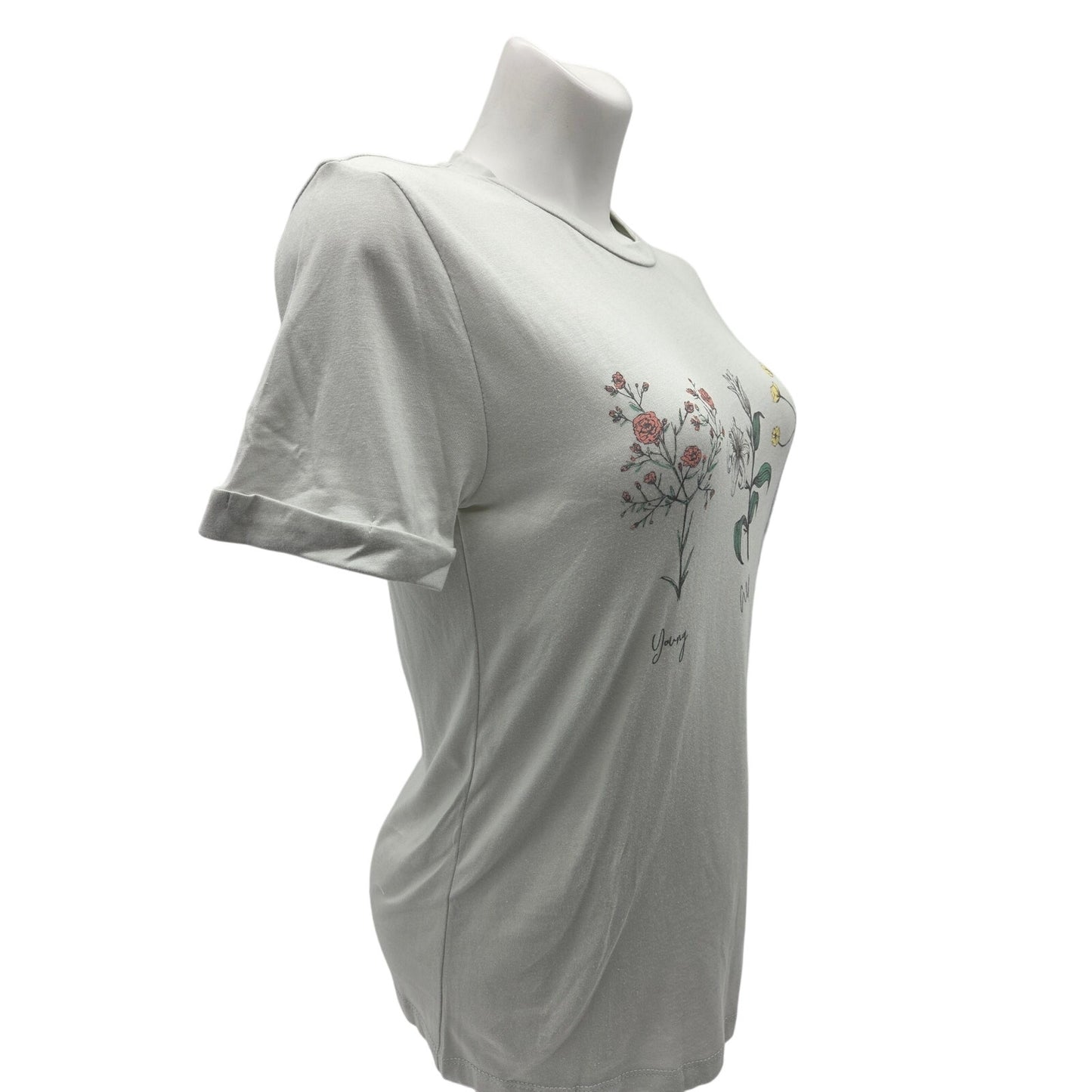 Womens Tee Shirt Cotton Floral Vintage Young Wild Free Green Lace & Lilac