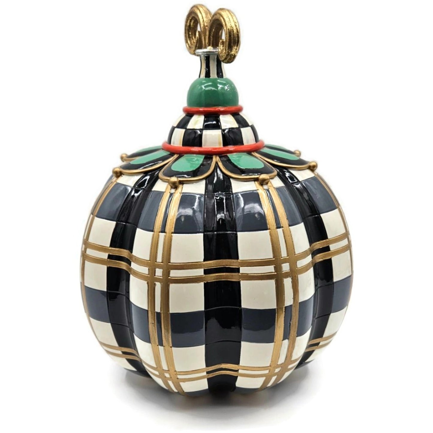 MacKenzie Childs Courtly Check Pumpkin Gold Trim Plaid Finial Black Halloween