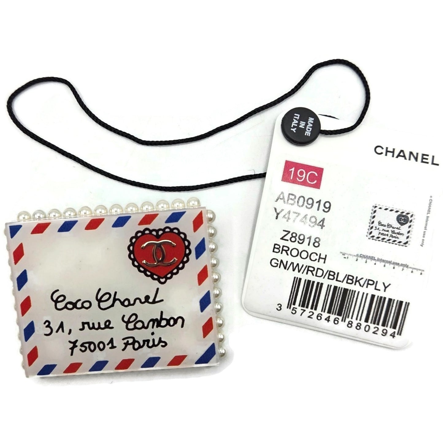 Chanel 19C Rue Cambon Paris Letter Brooch Pin AB0919 CC Logo Pearl Airmail Blue