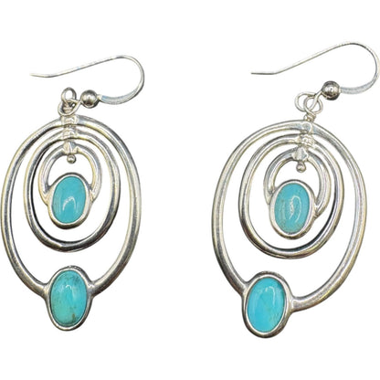 Sleeping Beauty Turquoise Gemstone Hoop Earrings Concentric Oval Silver Metal