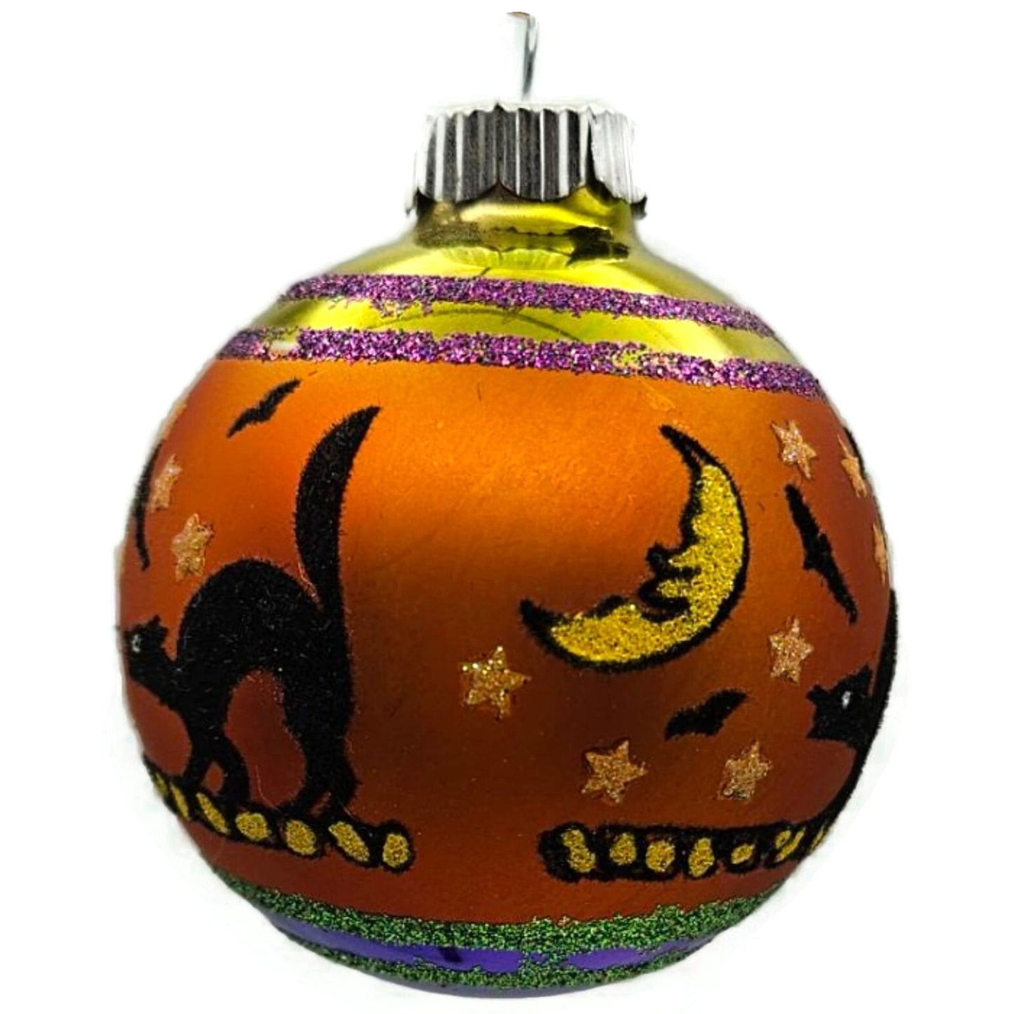 Christopher Radko Shiny Brite Orange Black Cat Glass Ball Halloween Ornament