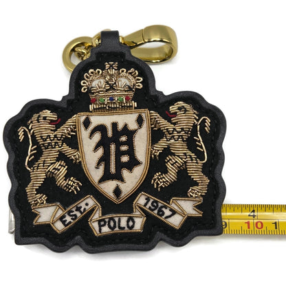 Polo Ralph Lauren Gold Black Leather Tag Double Lion Charm Keychain One Size NWT