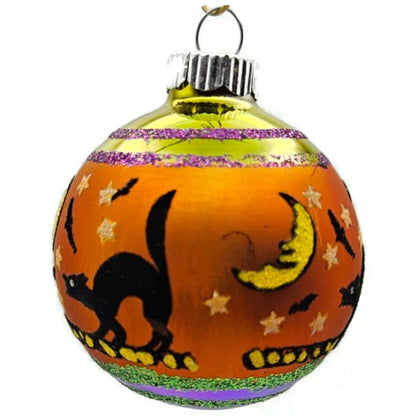 Christopher Radko Shiny Brite Orange Black Cat Glass Ball Halloween Ornament