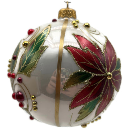 Glitter Lab Christmas Patterns Poinsettia Leaves White Orb Ball Holiday Ornament