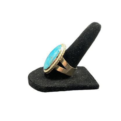 925 Sterling Silver Turquoise Gemstone Oval Cabochon Boho Cocktail Ring Size 8