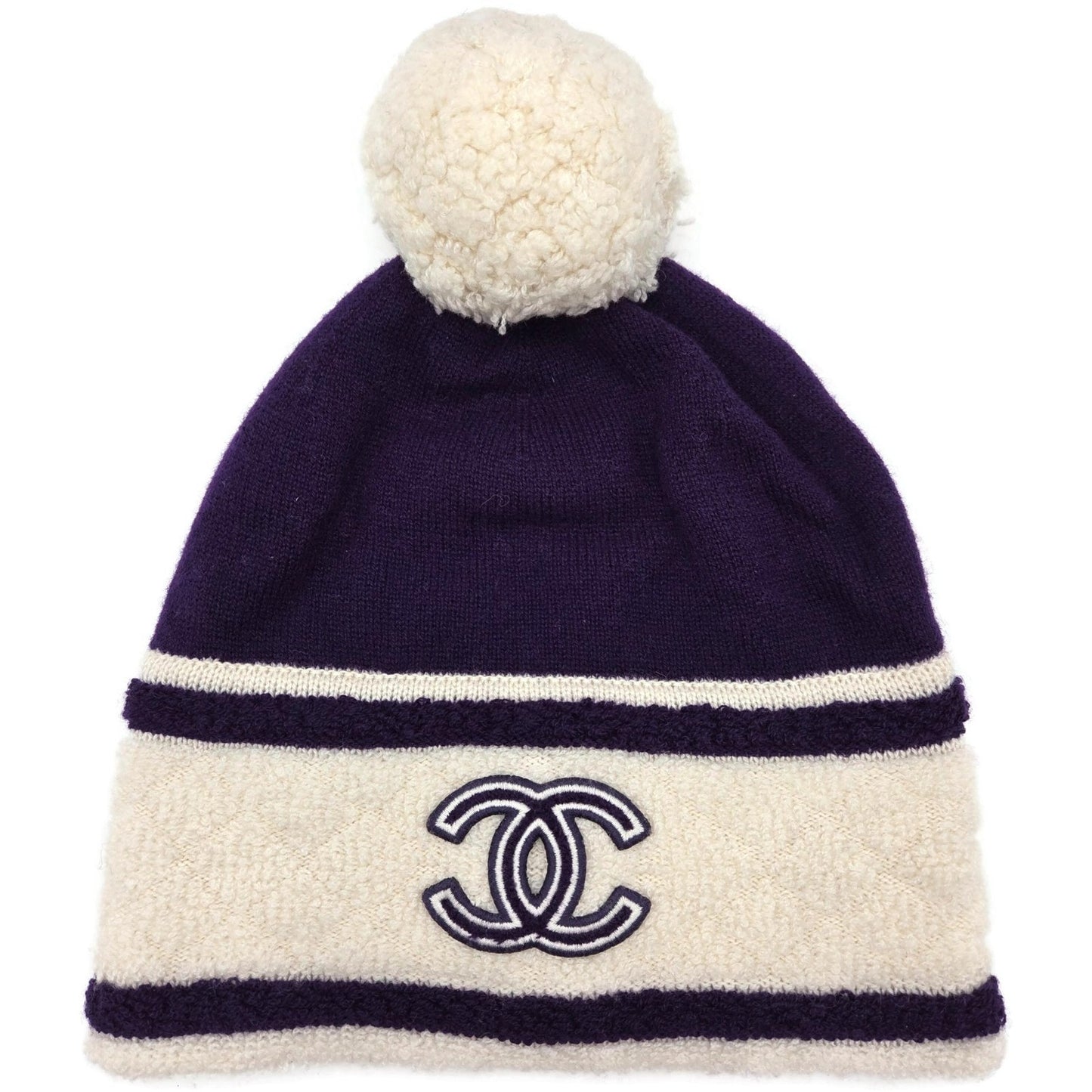 Chanel CC Logo Cashmere Beanie Hat Purple White Pom Pom Great Britain Rare