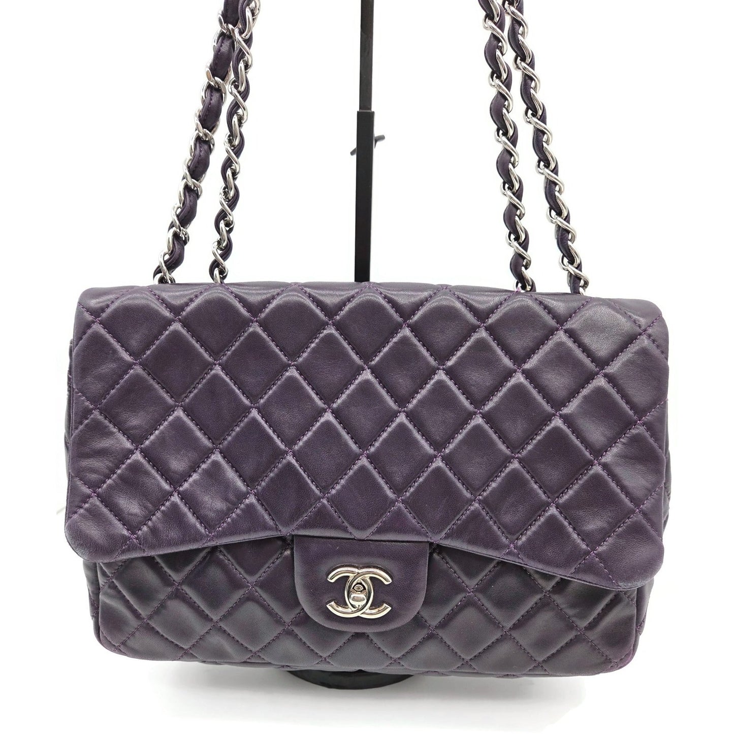 Chanel Classic Single Flap Medium Purple Lambskin Silver Chain Quilted Handbag