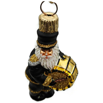 Patricia Breen Drummer Santa Claus Black Gold Glass Christmas Tree Ornament 2145