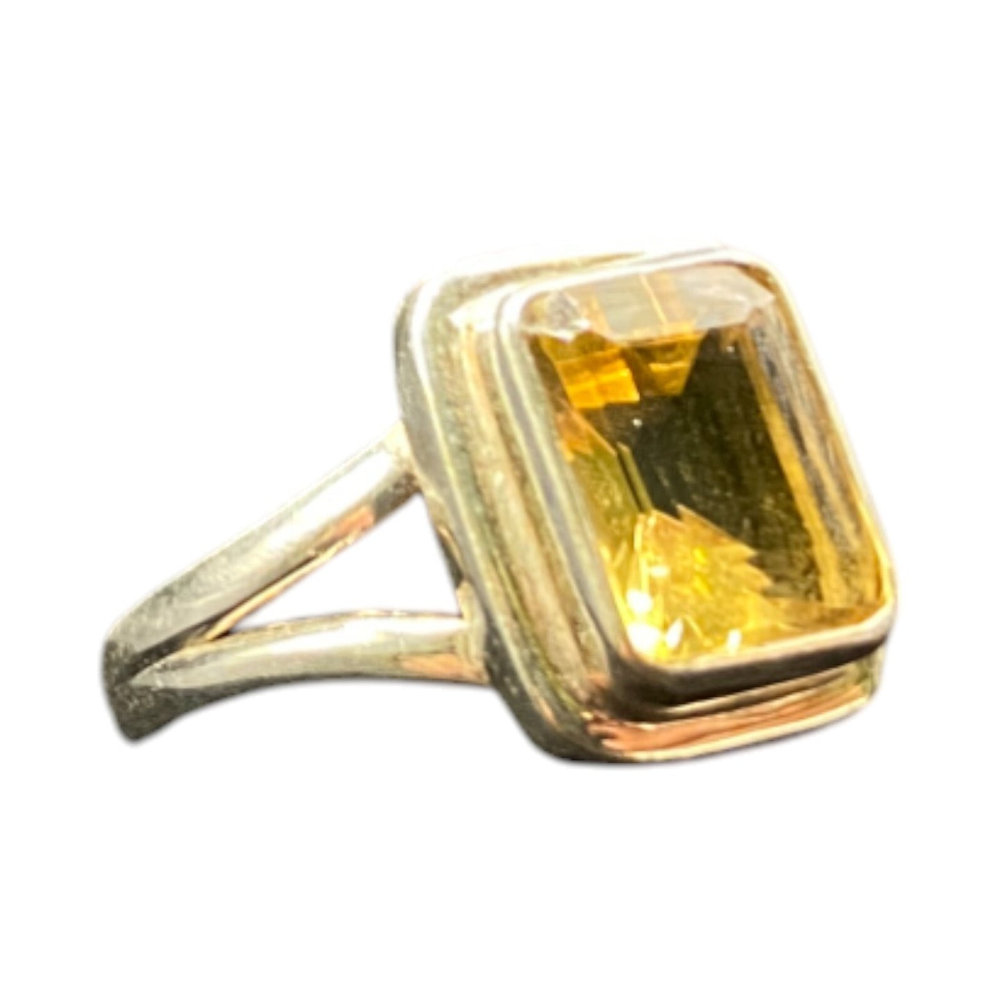 Emerald Cut Yellow Citrine Crystal Gemstone Ring 925 Sterling Silver Size 8.25
