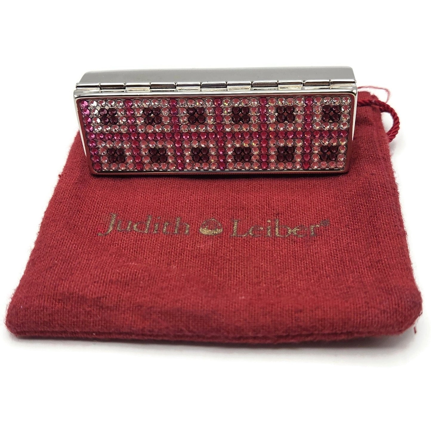 Judith Leiber Lipstick Case Pink Swarovski Crystals Silver Tone with Dust Bag