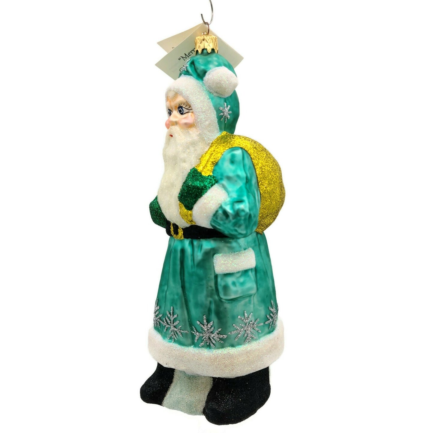 Larry Fraga Santa Claus Silver Turquoise Glittered Snowflakes Christmas Ornament