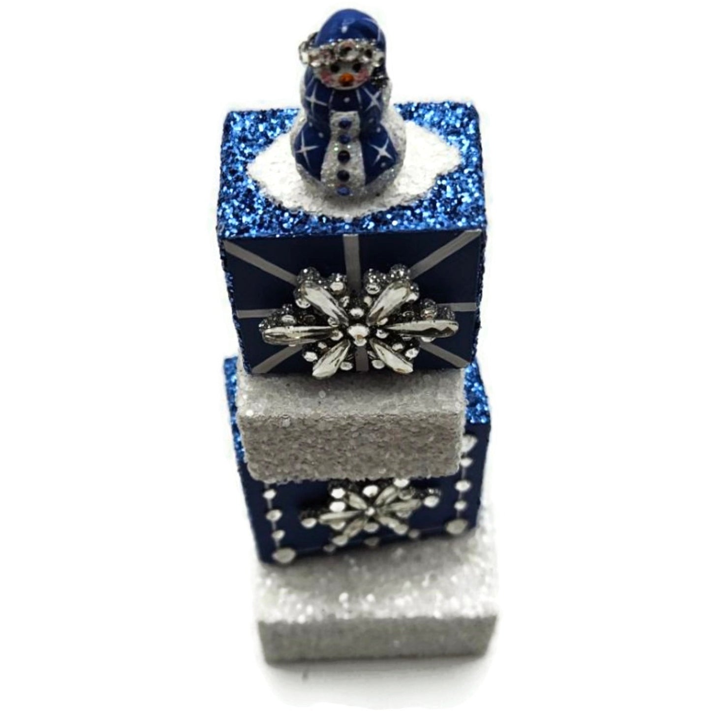 Patricia Breen Presenting Blue Snowman Jeweled Cube Tower Christmas Ornament