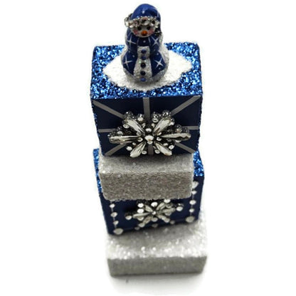 Patricia Breen Presenting Blue Snowman Jeweled Cube Tower Christmas Ornament