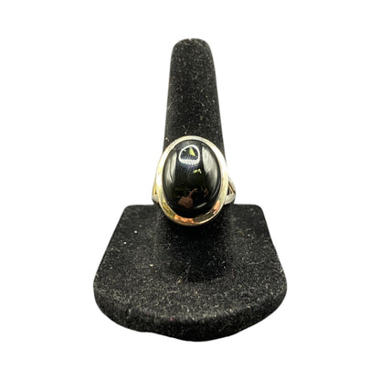 Black Onyx Cocktail Ring Oval Cabochon Gemstone Silver Tone Metal Size 7