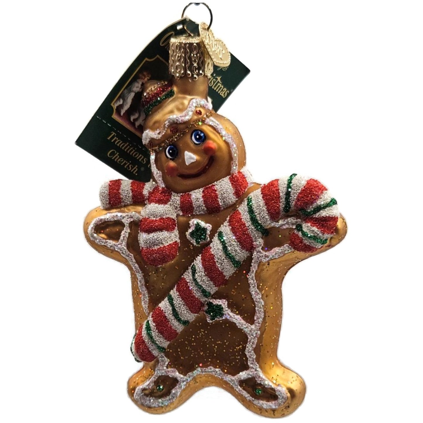 Gingerbread Man Candy Cane Striped Scarf Old World Christmas Tree Ornament OWC