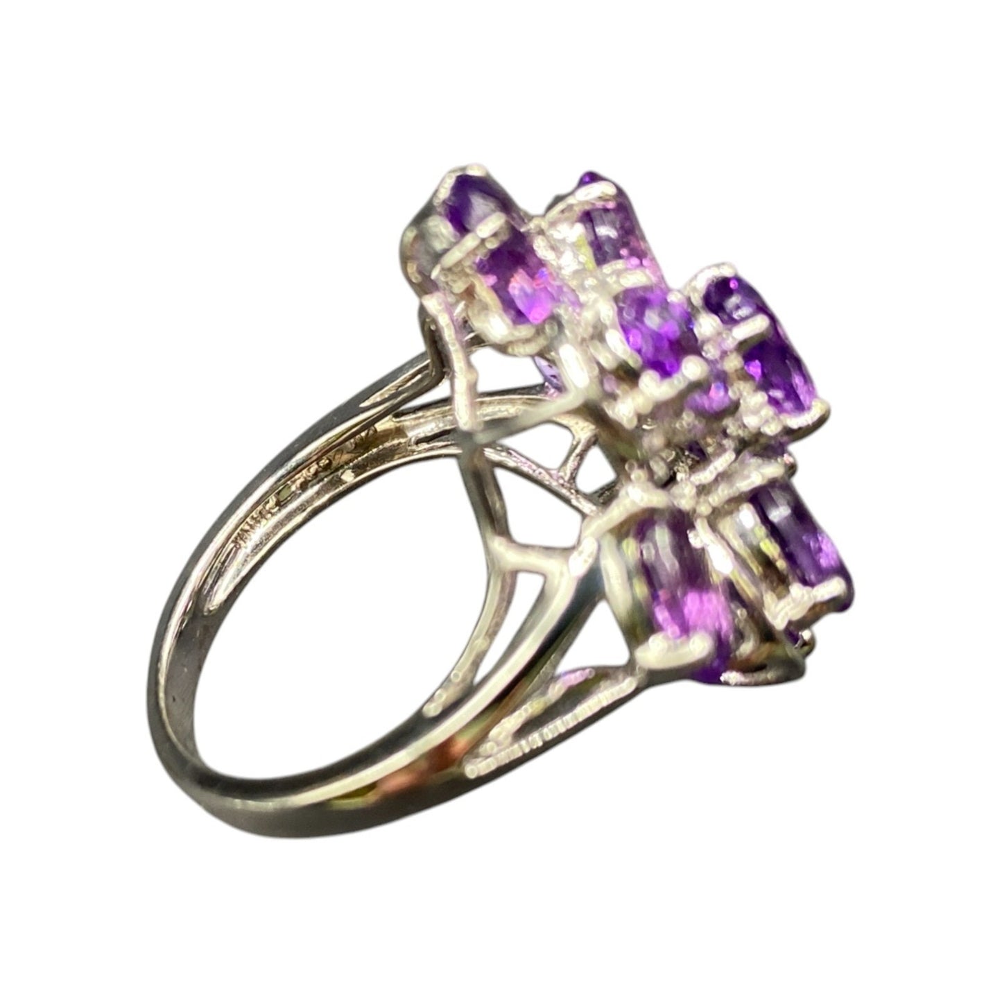 925 Sterling Silver Ring Prong Set Purple Amethyst Gemstone Cluster Size 8