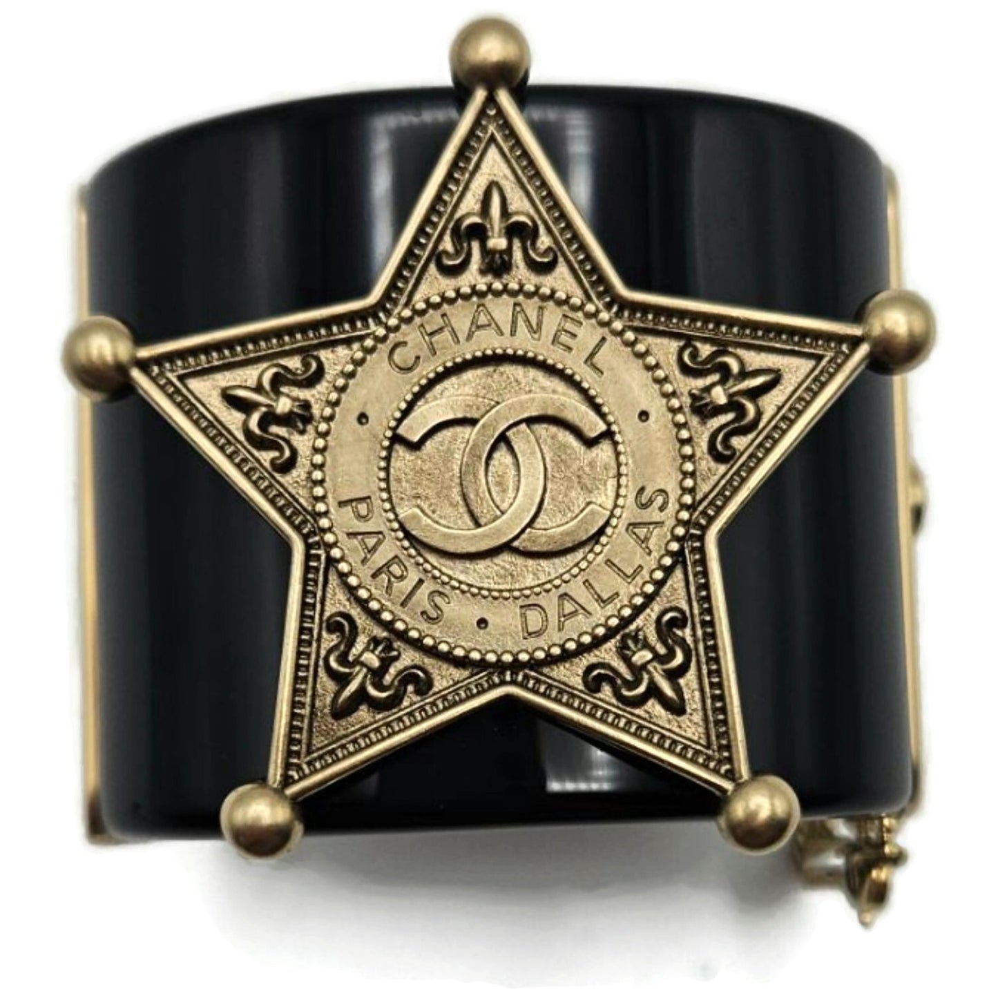 Co Co Chanel Paris Dallas Sheriff Star A A86470 Wide Cuff Black Gold Bracelet