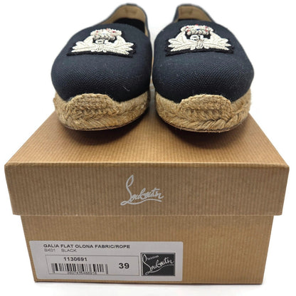 Christian Louboutin Galia Flat Olona Espadrilles Black Fabric Rope Jute Size 39