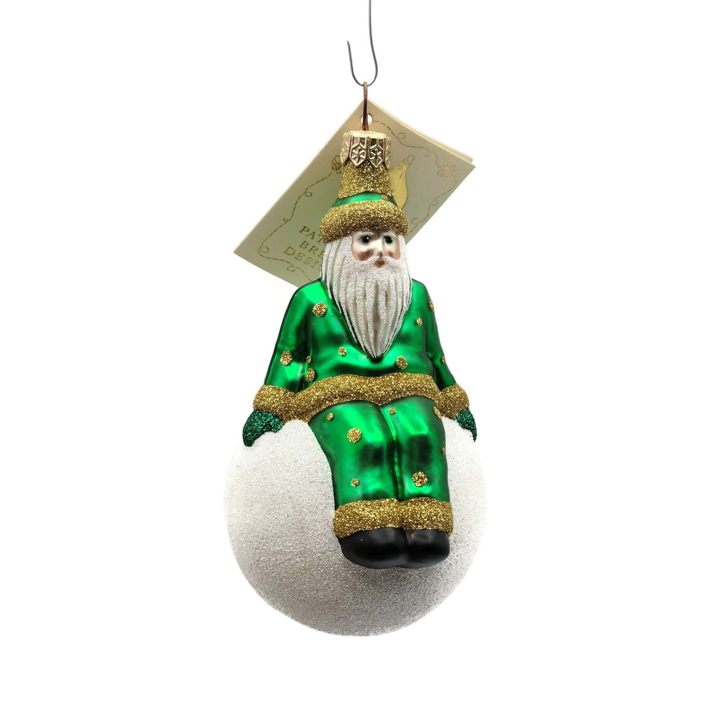 Patricia Breen Snowbound Santa Green Gold Glittered Dots Christmas Tree Ornament
