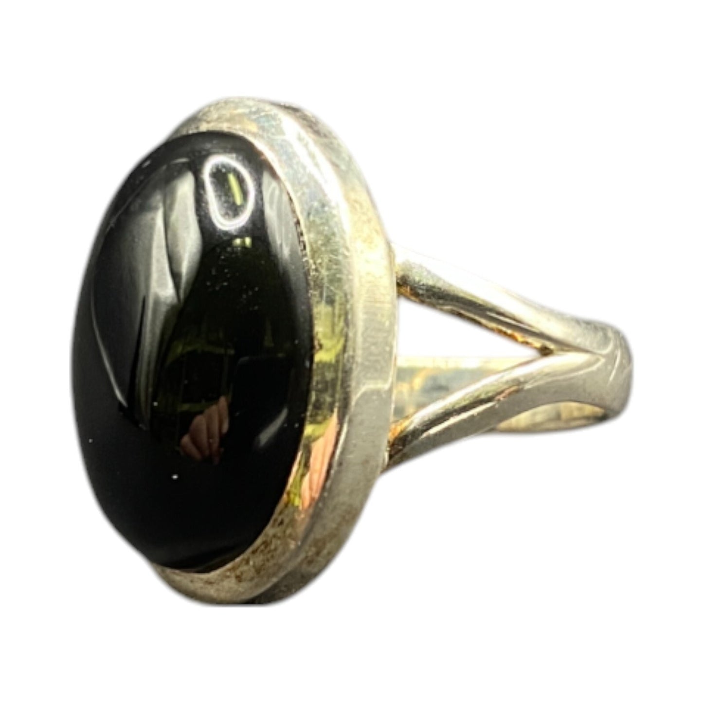 Black Onyx Cocktail Ring Oval Cabochon Gemstone Silver Tone Metal Size 7