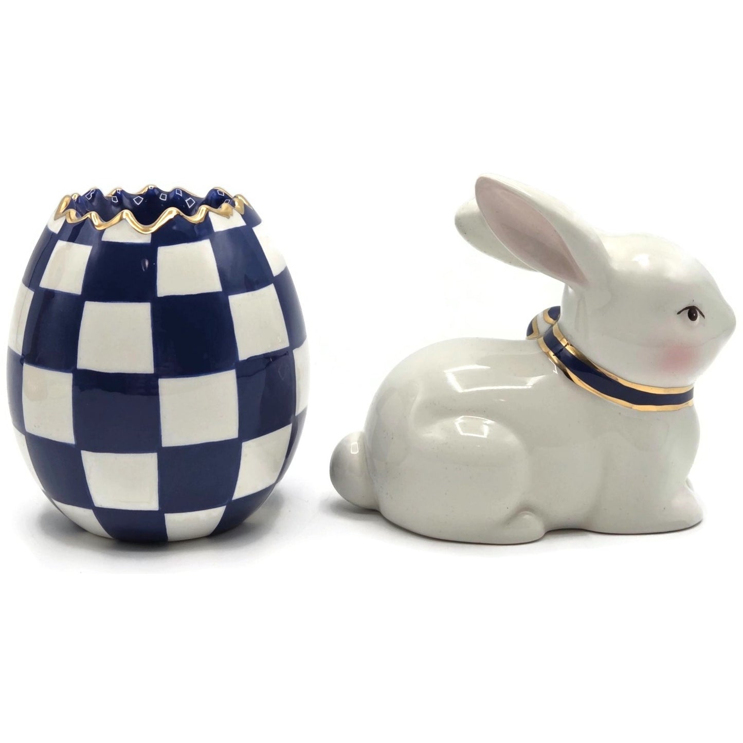 Mackenzie Childs Royal Check Blue Bunny Hostess Napkin Weight Egg Toothpick Set