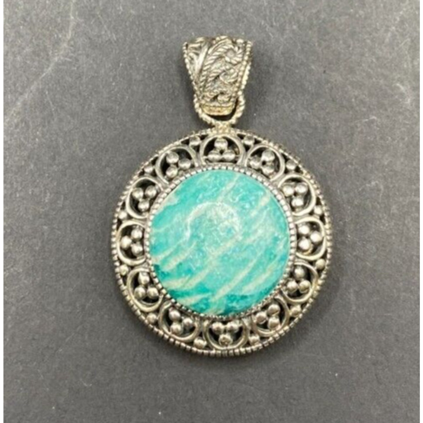 Amazonite Crystal Stone Pendant Round Cabochon Shaped Silver Tone Metal Filigree