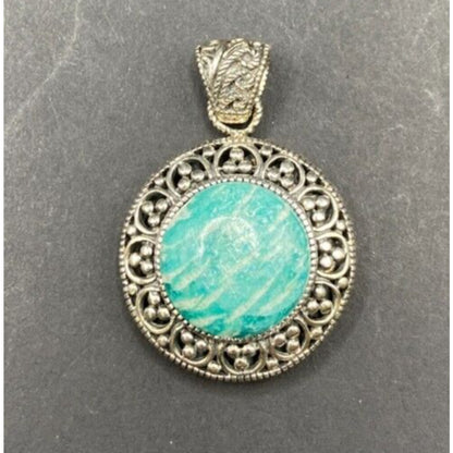 Amazonite Crystal Stone Pendant Round Cabochon Shaped Silver Tone Metal Filigree