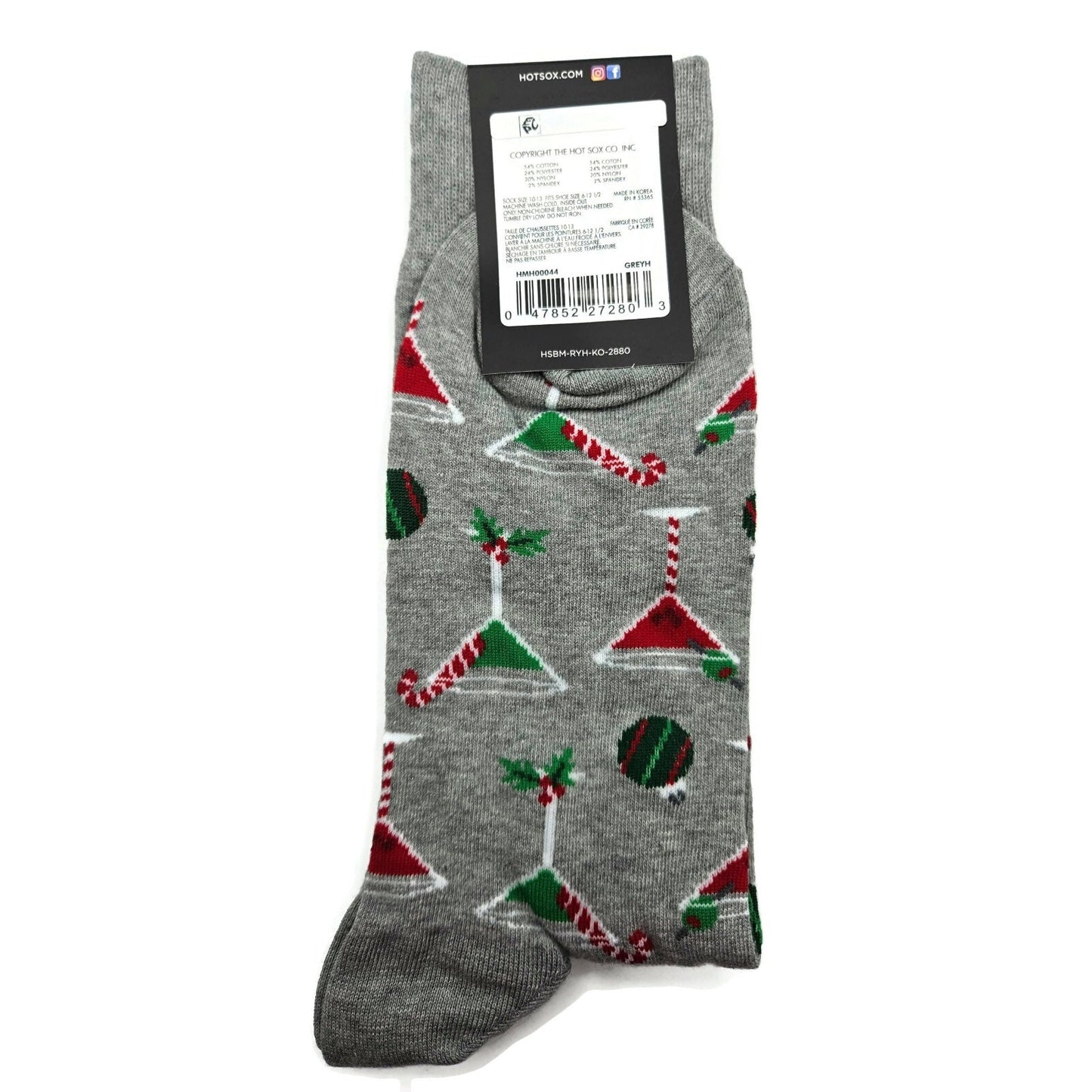 Hot Sox Gray Christmas Socks Martini Glass Candy Canes Holiday Stocking Stuffers