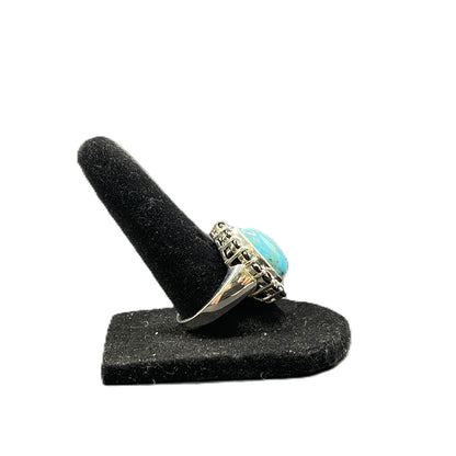 Turquoise Ring Teardrop Gemstone Black Rhinestone 925 Sterling Silver Size 7.5