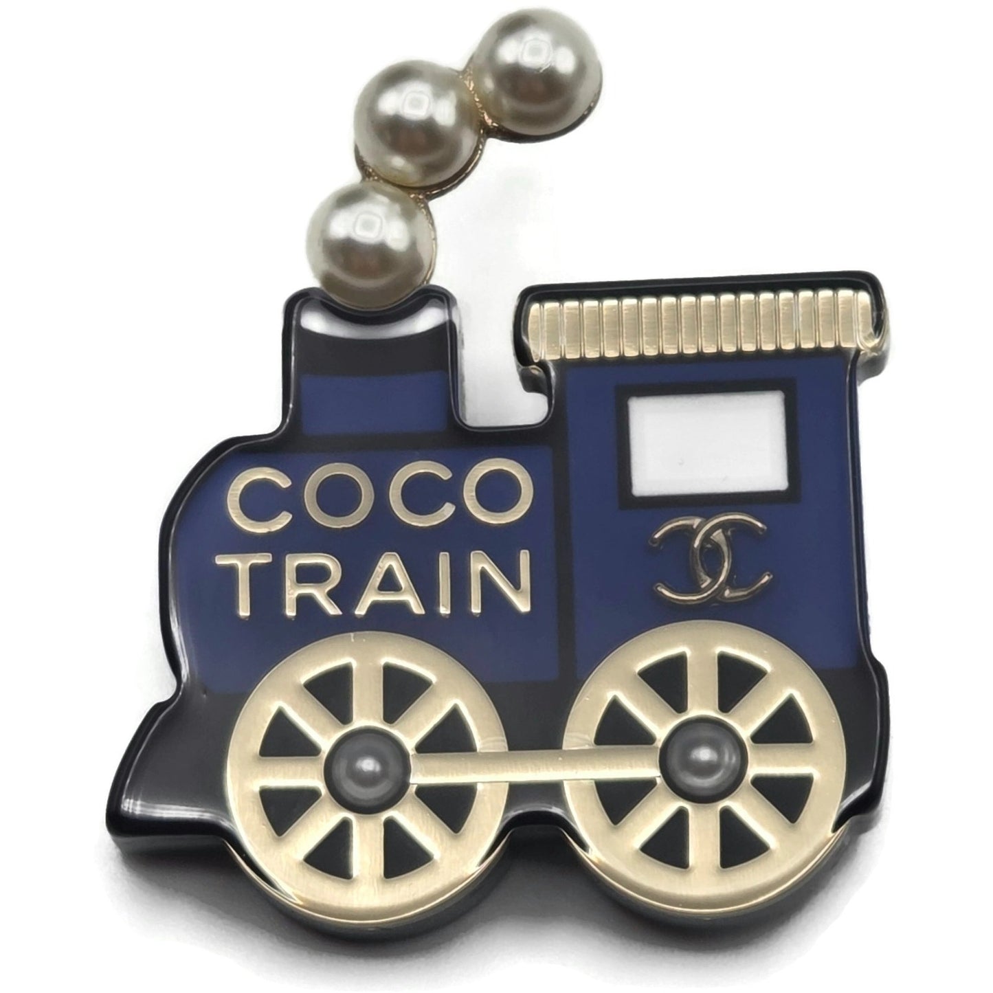 Coco Chanel Train Brooch 20C AB3237 Blue Black Gold Pearl CC Logo Rare